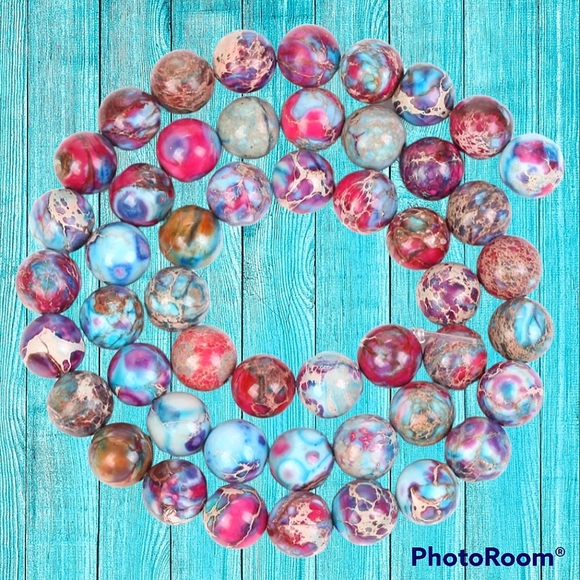 Set of 2 handmade Sea Sediment Jasper Turquoise natural stone bead bracelets. - Picture 5 of 6